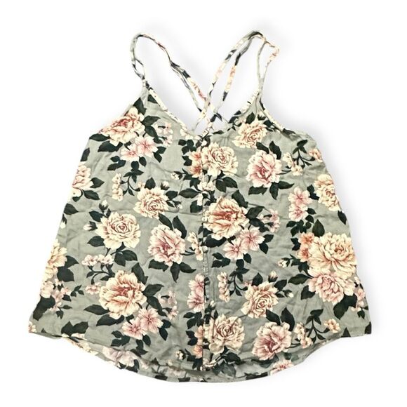 AMERICAN EAGLE Women’s Sage Green Pink Floral Strappy Cami Tank Top Size Medium - Picture 1 of 5